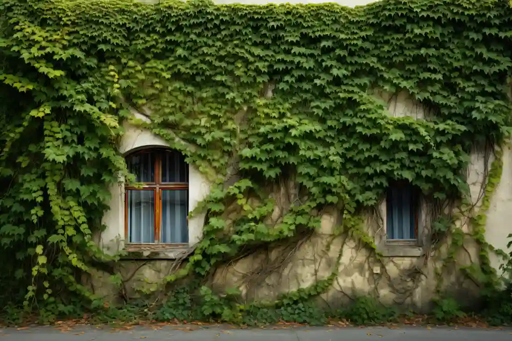 Immergrüner Efeu wächst an einer Hauswand empor