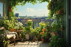 Ein Balkon mit vielen immergrüne Pflanzen