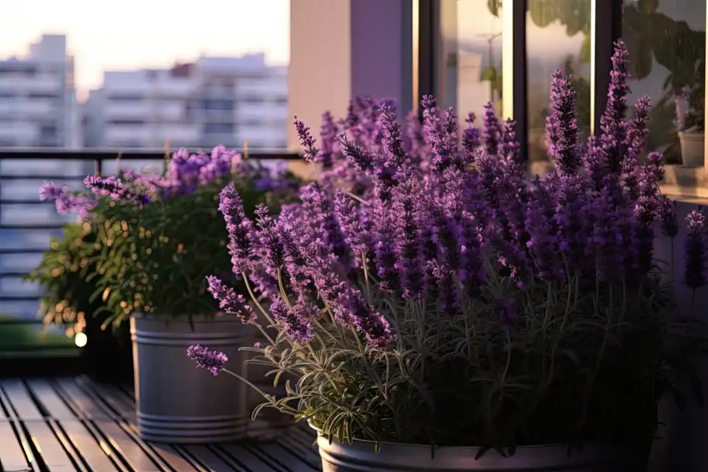 Immergrüner Lavendel in Töpfen auf einem Balkon