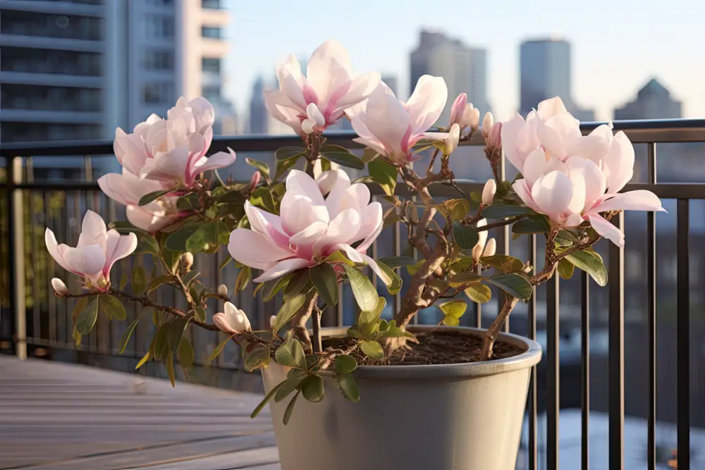 Immergrüne Pflanzen für den Balkon: Eine Magnolie wächst im Topf auf einem Balkon