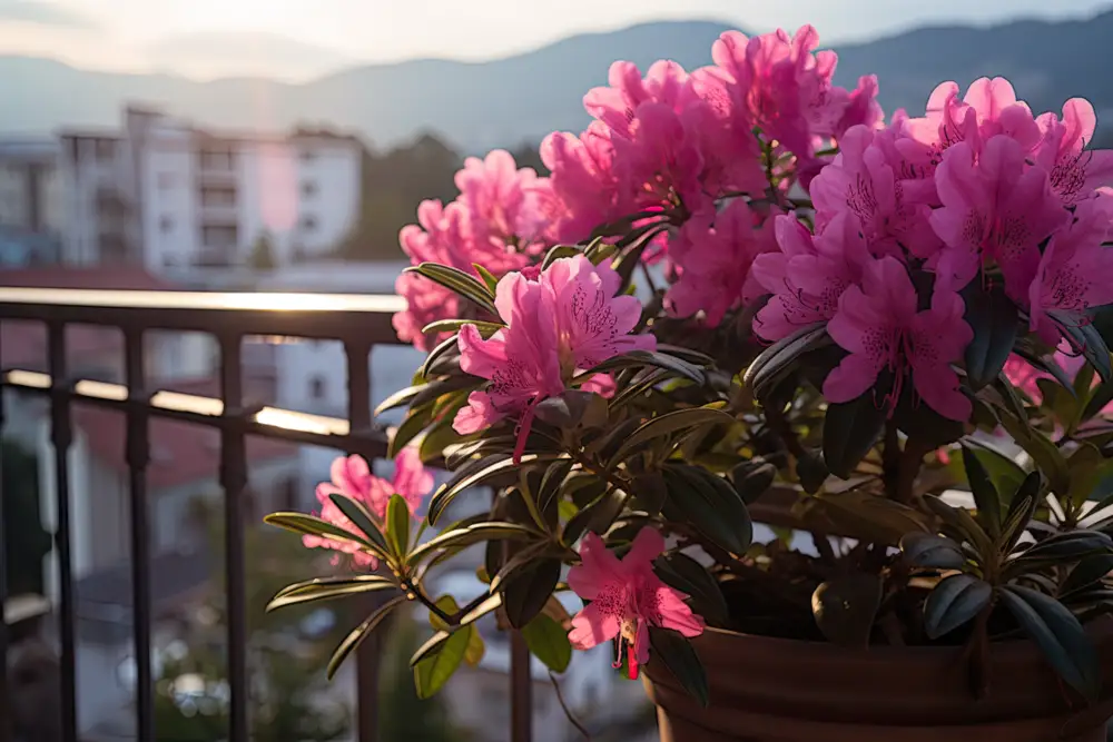 Immergrüne Pflanzen für den Balkon: Rhododendron auf einem Balkon
