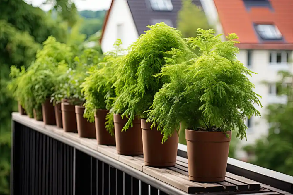 Immergrüne Pflanzen für den Balkon: Zwergkoniferen in Blumentöpfen