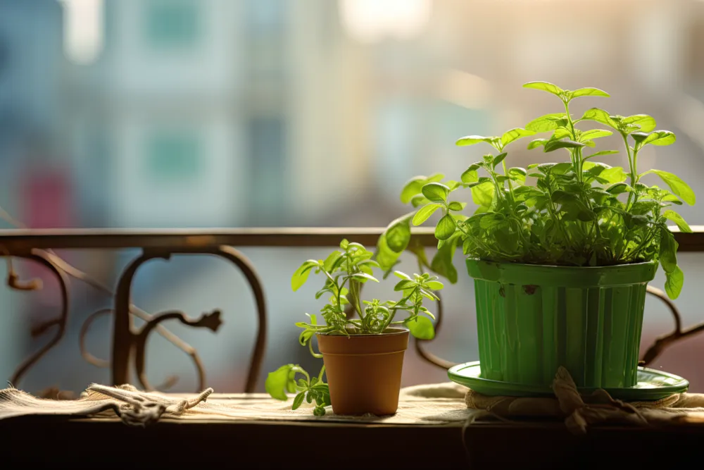 Pfefferminze und Kräuter Pflanzen in Töpfen auf einem Balkon im Sonnenlicht