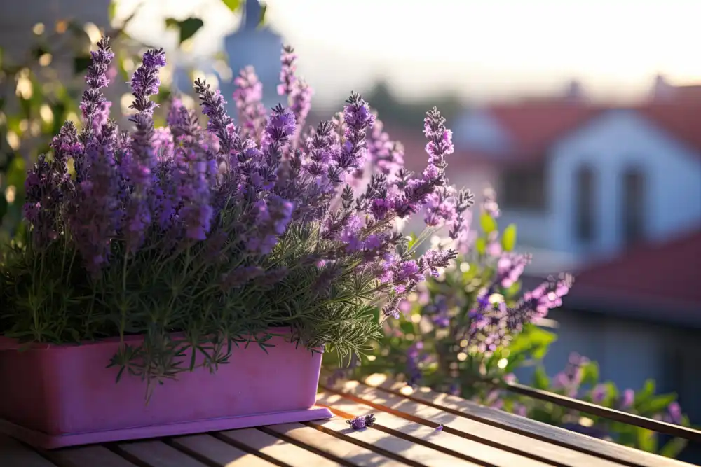 Eine blühende Lavendel Pflanze in einem kleinen Blumenkasten auf dem Balkon.